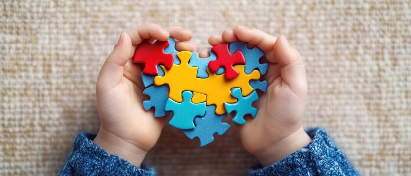 Child's Hands Forming Heart with Colorful Puzzle Pieces for Autism Awareness and Support