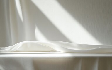 Minimalist Table with White Cloth and Natural Light for Elegant Product Display