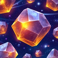 Mesmerizing Cosmic Geometric Shapes Floating in Space with Glowing Orange Crystals and Starry Night Sky Background for Futuristic Science and Art Design