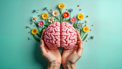 Human hands carefully hold model brain surrounded by colorful flowers. Gentle care, well-being concepts presented. Creative mind, positive thinking image emphasizes mental health, self-care. Suggests
