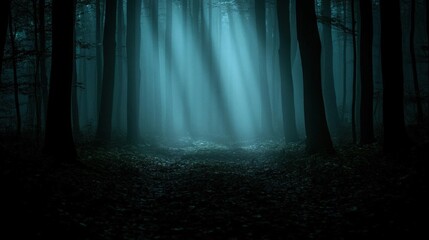 Enchanted Forest at Night: Blue Light Beams Illuminate Mysterious Woods