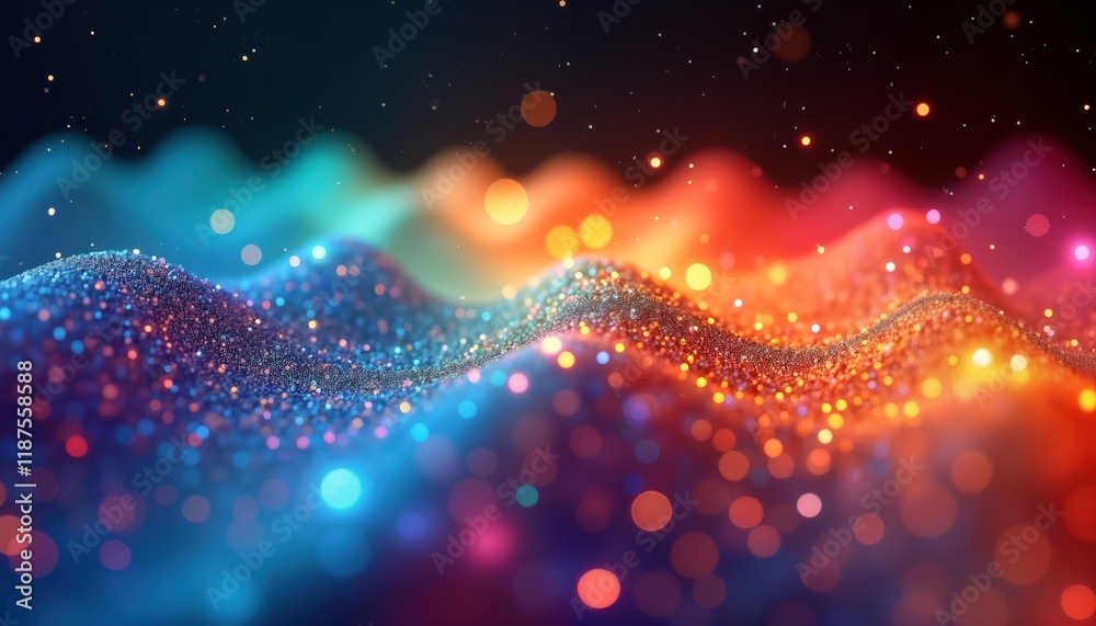 Poster Abstract design with colorful waves of glitter, light. Vibrant rainbow colours create dynamic motion effect. Looks like illuminated particles flowing. Beautiful background image for design project.