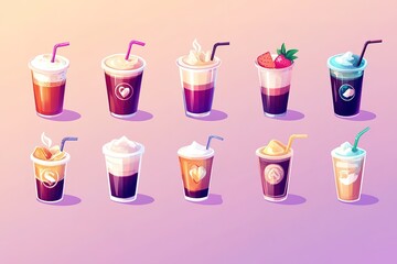 A vector illustration set of various coffee types: latte, cappuccino, espresso, macchiato, and iced coffee, each depicted in colorful flat design with clean lines and minimalist aesthetic.