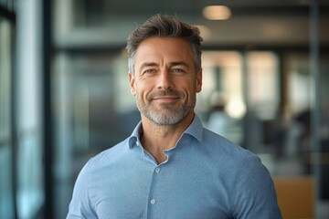 Obraz premium Confident Businessman Executive Standing in Modern Office Setting Smiling at Camera