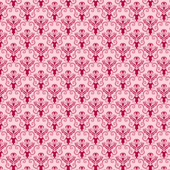 Soft pink background with bold magenta damask floral motifs. Elegant seamless pattern ideal for wallpaper, fabric, stationery, and decorative projects.