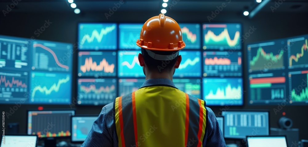 Poster Engineer observes complex data visualizations on multiple screens in control room. Technician closely monitors programs. Industrial tech staff work together in modern operation center. Data analysis,