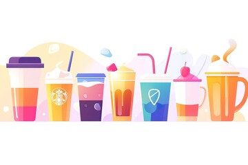 A vector illustration set of various coffee types: latte, cappuccino, espresso, macchiato, and iced coffee, each depicted in colorful flat design with clean lines and minimalist aesthetic.