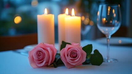 Romantic dinner setting with roses and candles.