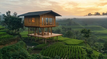 A charming wooden home elevated on stilts, standing amid expansive rice fields with morning mist gently rolling over the surrounding valley and hills.