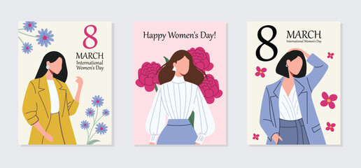 International Women’s Day greeting card set with elegant women and floral elements. 8 march design in pastel tones, perfect for postcards, banners, invitations, and seasonal holiday decor.