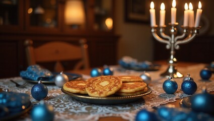 Fototapeta premium A festive table with a glowing Hanukkah menorah, traditional latkes on a blue-patterned plate, decorative ornaments, and a cozy dining room atmosphere. Generative, AI,