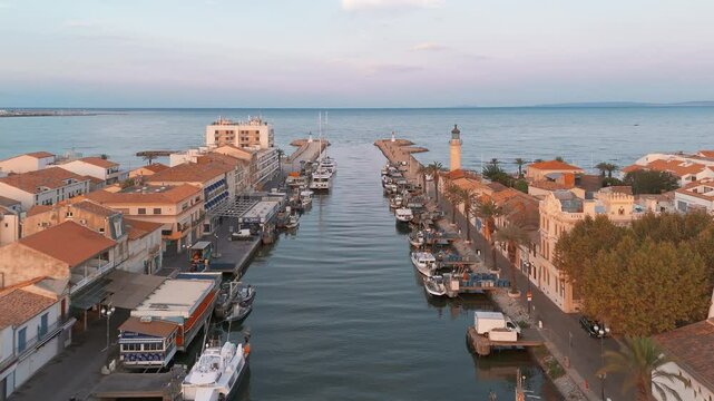Aerial view of the Grau du Roi fishing village at sunrise in Camargue, France