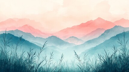 Misty Mountain Serenity A Watercolor Landscape with layered hills and peaceful grasses in a soft pink and teal palette creating a calming vista
