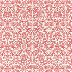 Soft red and white damask seamless pattern featuring ornate baroque floral swirls. Ideal for vintage décor, wallpaper, fabric, and elegant background design.