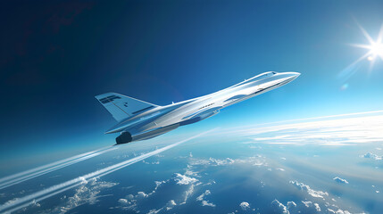 High-Flying Modern Jet Cutting Through Clear Blue Skies at Supersonic Speed