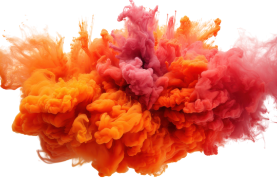 Colorful explosion of orange and pink smoke swirls in creative art display captured in a bright setting