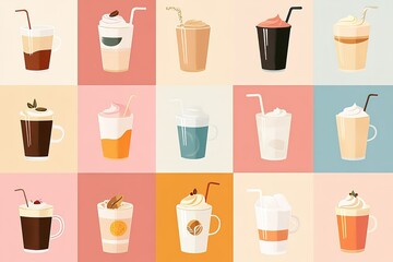 A vector illustration set of various coffee types: latte, cappuccino, espresso, macchiato, and iced coffee, each depicted in colorful flat design with clean lines and minimalist aesthetic.