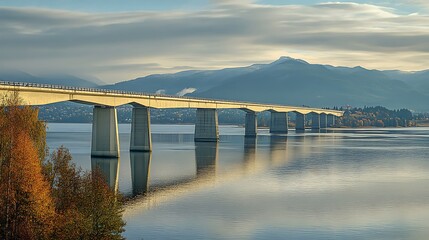 Serene Bridge Over Calm Waters with Mountain Backdrop