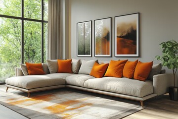 Modern Elegant Living Room with Green Sectional Sofa Burnt Orange Accents Abstract Artwork Cozy Textiles