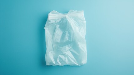 Plastic bag on blue surface: minimalist composition and environmental impact