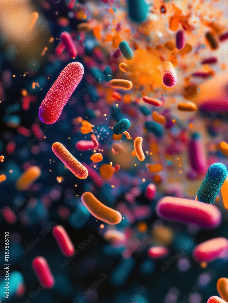 Poster swirling bacteria and microbes in vibrant colors moving through a liquid medium. generative ai