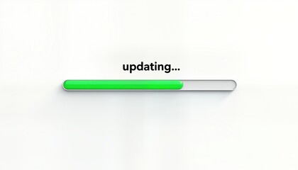 Green progress bar updating on white background. System software update in progress. Digital display shows progress. Minimalist design for user interface. Simple, clear indicator. Process of loading
