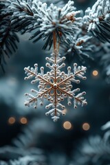 Snowy Lace Snowflake Amulet on Evergreen Branch in Winter Forest Imbolc Ritual