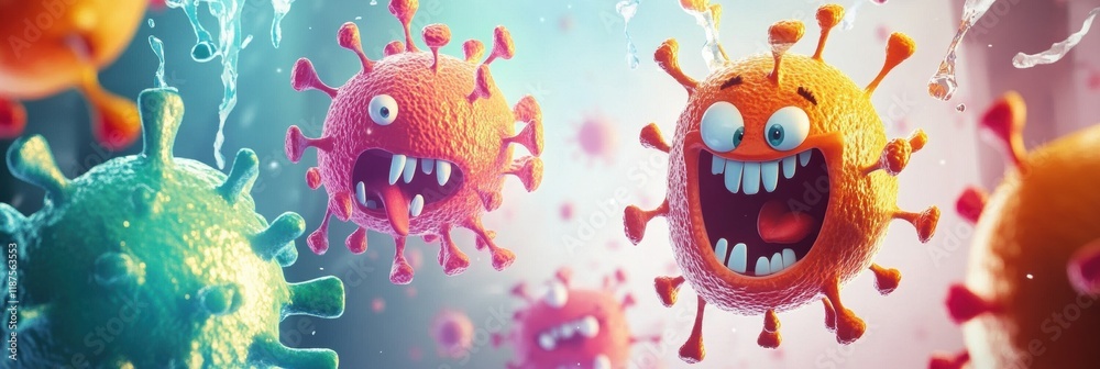 Poster playful cartoon viruses engage in a lively battle against colorful antibodies in a dynamic setting. 