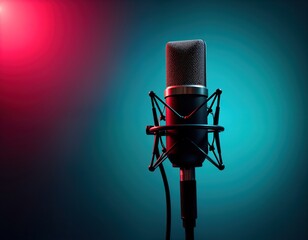 Pro condenser microphone studio set against dark background. Colored lights create dramatic visual...