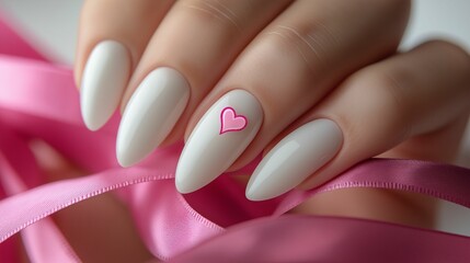 Minimal white nails with a single pink heart outline on the ring finger, styled with soft Valentine’s ribbons and natural daylight