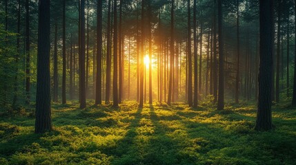 Obraz premium Majestic sunrise illuminating a dense pine forest, with sunbeams filtering through the trees and casting shadows on the lush green undergrowth.
