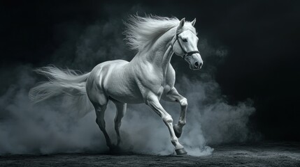 Majestic white stallion running, mane and tail flowing, in smoky dark setting.