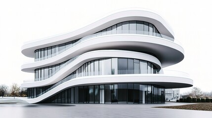 Fototapeta premium Modern Architectural Marvel: A stunning, contemporary building showcases sleek, flowing lines, expansive glass windows, and a minimalist design against a soft sky.