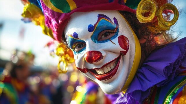 Colorful Clown Mask Capturing the Joyful Spirit of Carnival with Its Vibrant Makeup Expressive Features and Whimsical Charm Showcasing the Festive and Entertaining Atmosphere of Parades and Festivals