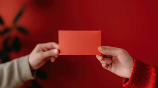 Hands exchanging red card against bold red background: communication and connection in modern visuals