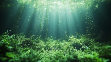 Obraz premium Sunlight Filtering Through a Lush Underwater Forest Illuminating the Depths of a Serene Aquatic Ecosystem