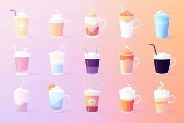 Obraz premium A vector illustration set of various coffee types: latte, cappuccino, espresso, macchiato, and iced coffee, each depicted in colorful flat design with clean lines and minimalist aesthetic.