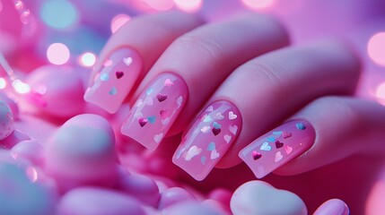 Semi-transparent pink nails with holographic heart confetti embedded throughout, styled alongside colorful Valentine’s-themed candy and glowing pink fairy lights