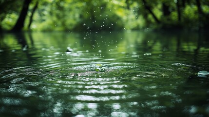 Fototapeta premium Emerald Pond,s Gentle Ripple and Droplets of Pure Refreshment in a Lush Forest Setting creating a captivating and serene watery reflection