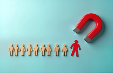 Attracting talent concept. Red figure stands out from group of light beige figures. Red magnet attracts person to suitable position. Talent recruitment strategy illustration. Finding ideal candidate