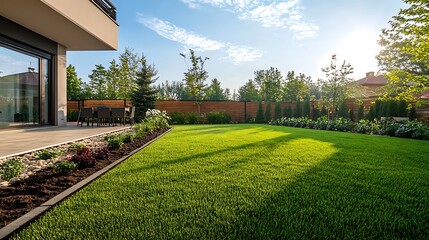 Fototapeta premium Luxury Backyard Oasis: Modern Home with Lush Green Lawn and Landscaping