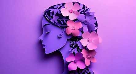 International Women's Day Poster Feminism Floral Silhouette Purple Paper Cutout Illustration for Empowerment and Equality
