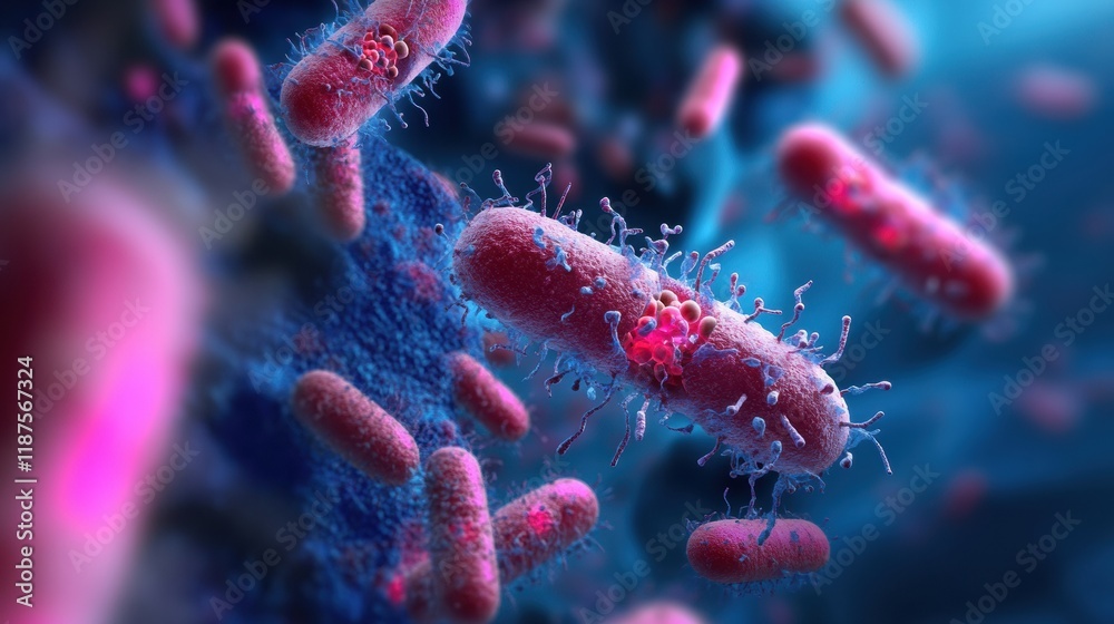 Poster pills swarm around bacteria illustrating advancements in medical science and antibiotic development.
