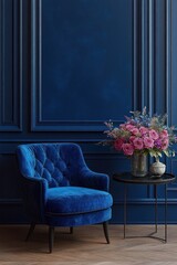 Luxurious interior design featuring velvet armchair elegant coffee table floral arrangement and textured wall