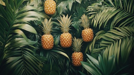 Obraz premium Colorful pineapples nestled among tropical palm trees and vibrant foliage in a lush environment. Generative AI
