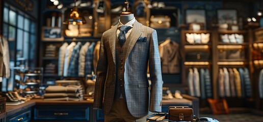 Men's suit displayed in a luxury clothing store.