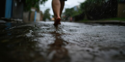 A person walks barefoot through rainwater, creating ripples in the shallow puddles. The scene captures the tranquility and simplicity of enjoying nature in the rain.