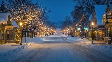 Obraz premium Snowy Street Scene Illuminated By Festive Lights At Night
