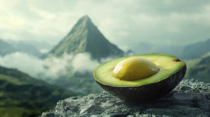 A halved avocado rests on a rock, showcasing its vibrant yellow flesh. A dramatic mountain peak and...