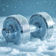Frozen Fitness: Frost-Covered Dumbbells on White Background Symbolizing Cold Exercise Equipment